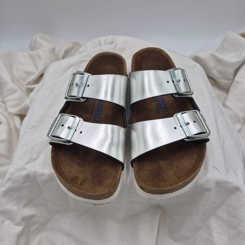 Birkenstock Arizona Sandals soft footbed leather Silver size 38 US 7-7.5